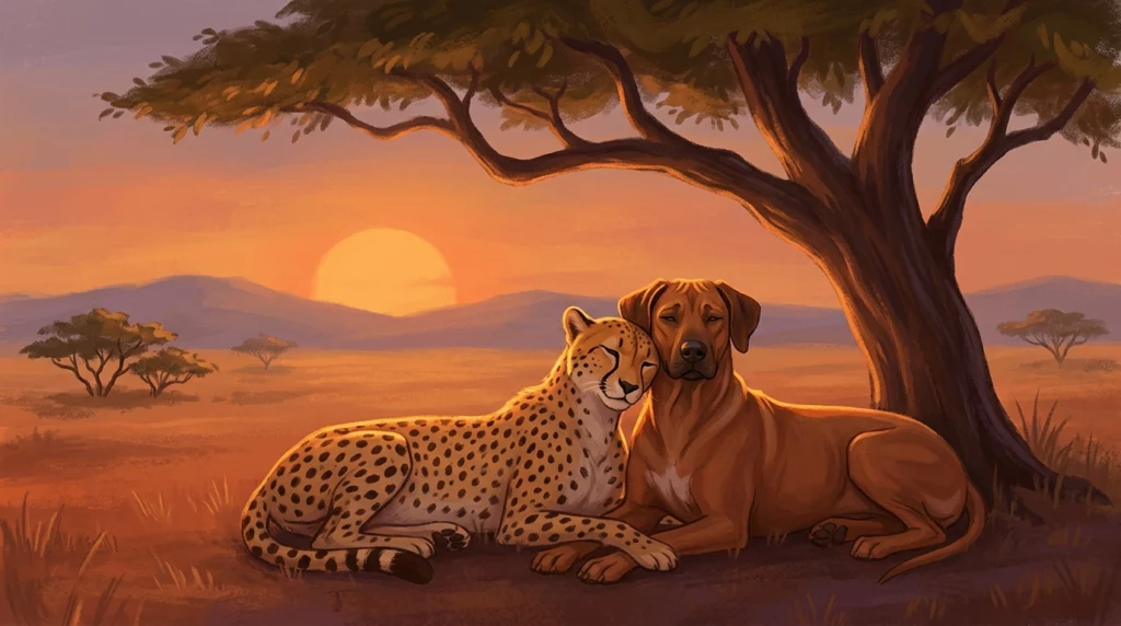 A warm, storybook-style illustration of a dog and a cheetah resting peacefully together under an acacia tree at sunset.