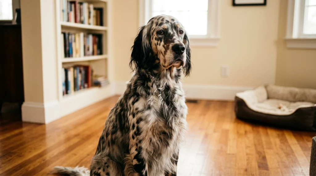 An elegant, spotted English Setter sitting intelligently on a wooden floor in a sunlit living room.