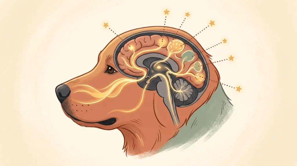 A charming storybook-style diagram showing glowing gold pathways travel from a dog's ear to its brain.
