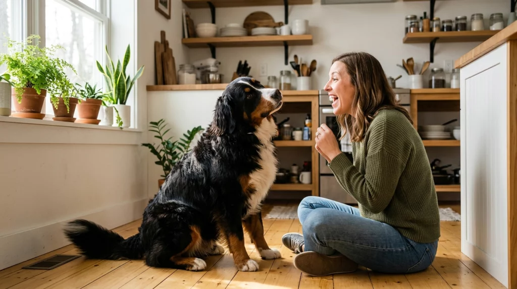 A candid photo of a woman on a kitchen floor talking expressively to her Bernese Mountain Dog, who tilts its head.