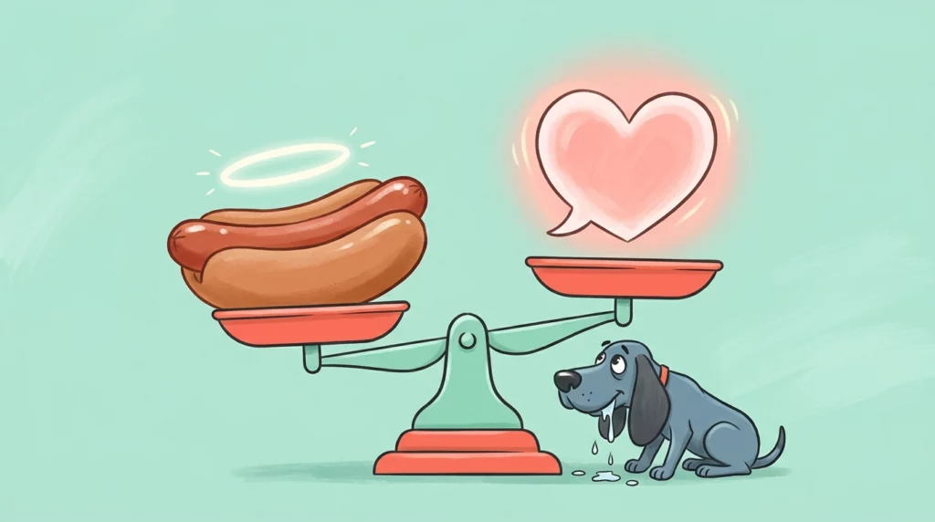 An illustration of a balance scale weighing a giant hot dog slice against a heart-shaped speech bubble, with a hound dog looking on.