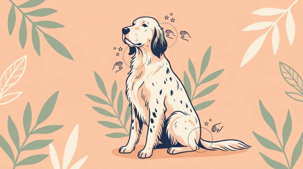 An illustration showing prime scratching spots on an English Setter with soft dotted circles and hand icons.