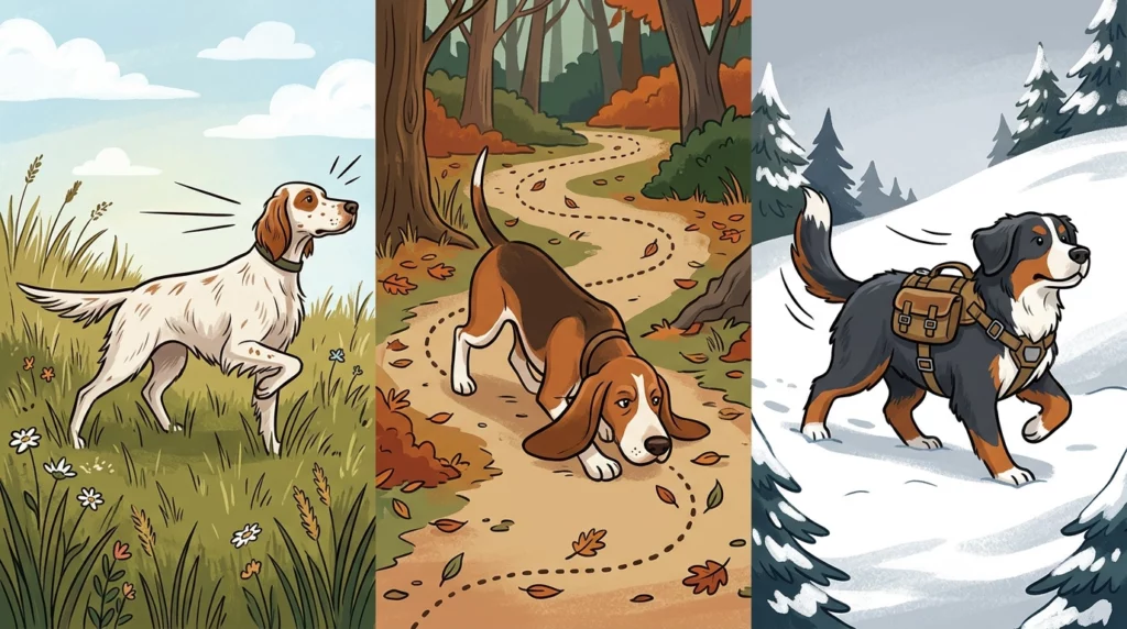 A three-panel illustration showing a Setter pointing, a hound tracking a scent, and a working dog in harness.