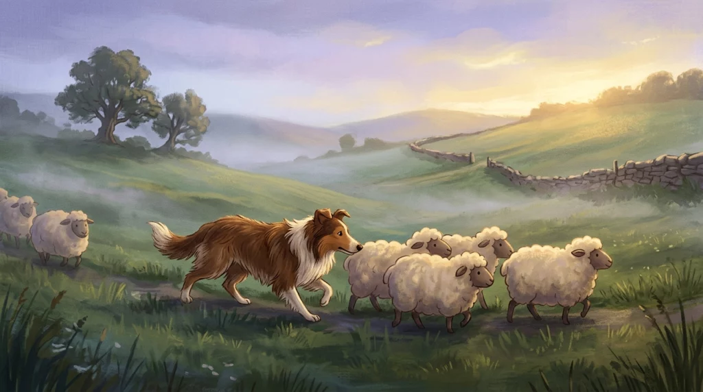 A storybook illustration of a historical herding dog guiding a flock of sheep through a misty twilight pasture.