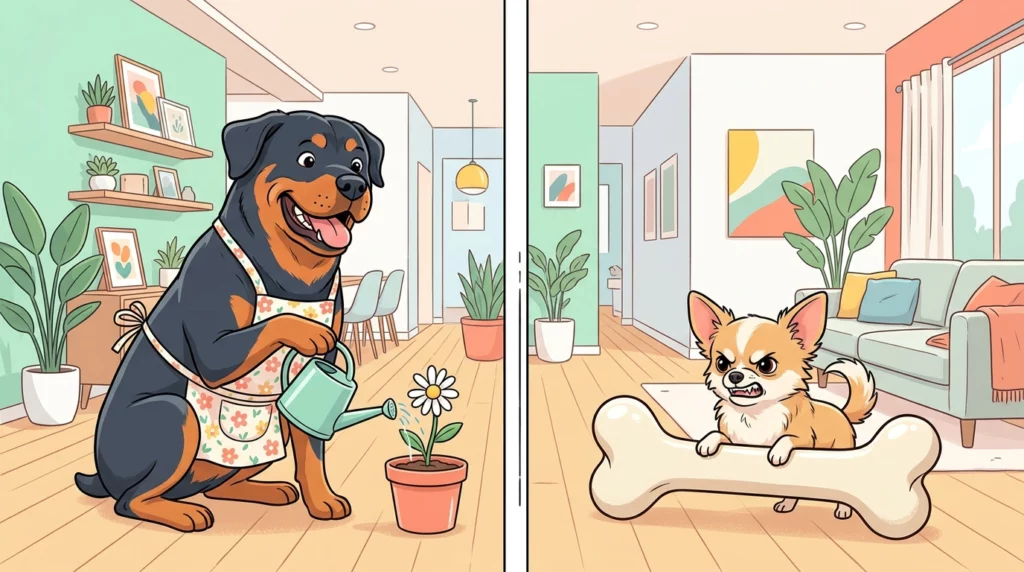 A funny illustration comparing a large Rottweiler watering a flower with a tiny Chihuahua fiercely guarding a huge bone.