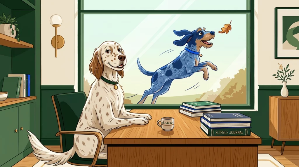 An illustration of an elegant Setter sitting at a desk while a chaotic blue-ticked hound leaps outside the window.