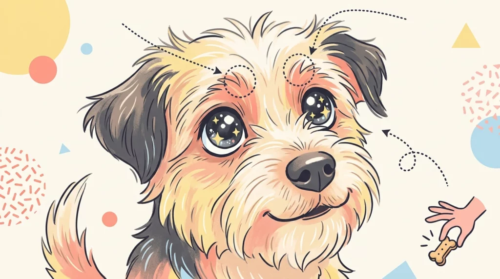 A whimsical editorial illustration of a scruffy dog looking up with giant, sparkling eyes, with dotted diagram lines playfully highlighting its expressive eyebrows.