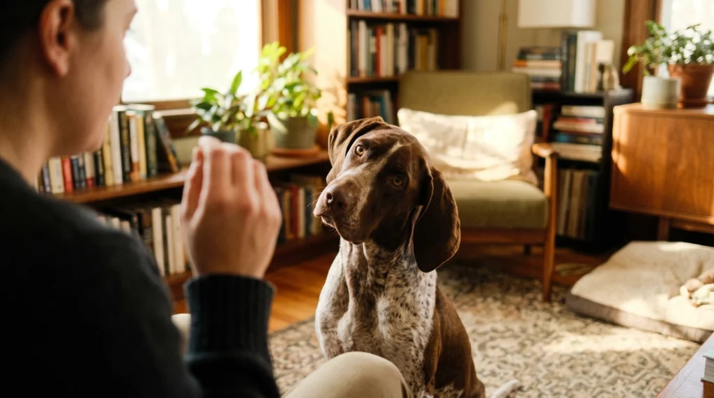A documentary lifestyle photograph of a brown and white Bracco Italiano tilting its head with deep curiosity while listening to its owner.