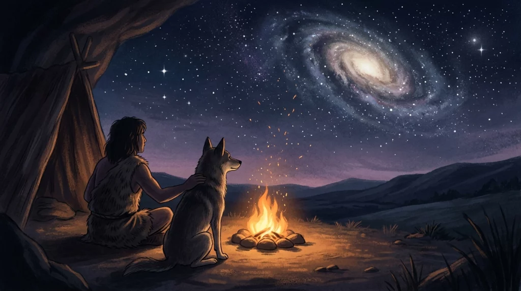 A warm storybook illustration of an early human and an ancestral dog sitting together beside a campfire under a starry, prehistoric night sky.