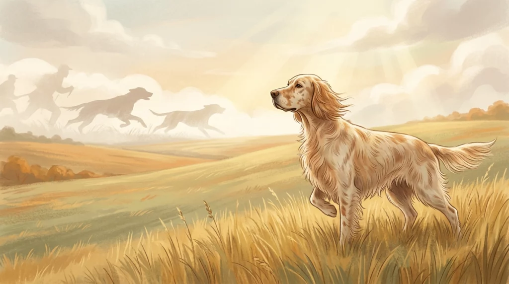 A warm storybook illustration of an elegant English Setter pointing in a golden field, with faint silhouettes of ancestral hunting dogs in the hazy sky.