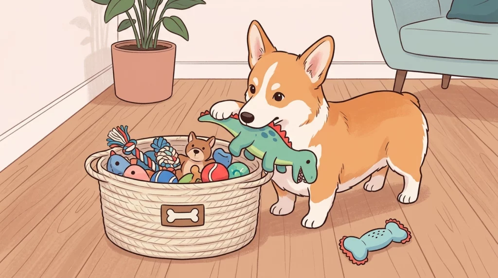 An illustration of a Corgi diligently putting its toys back into a woven basket in a tidy living room.