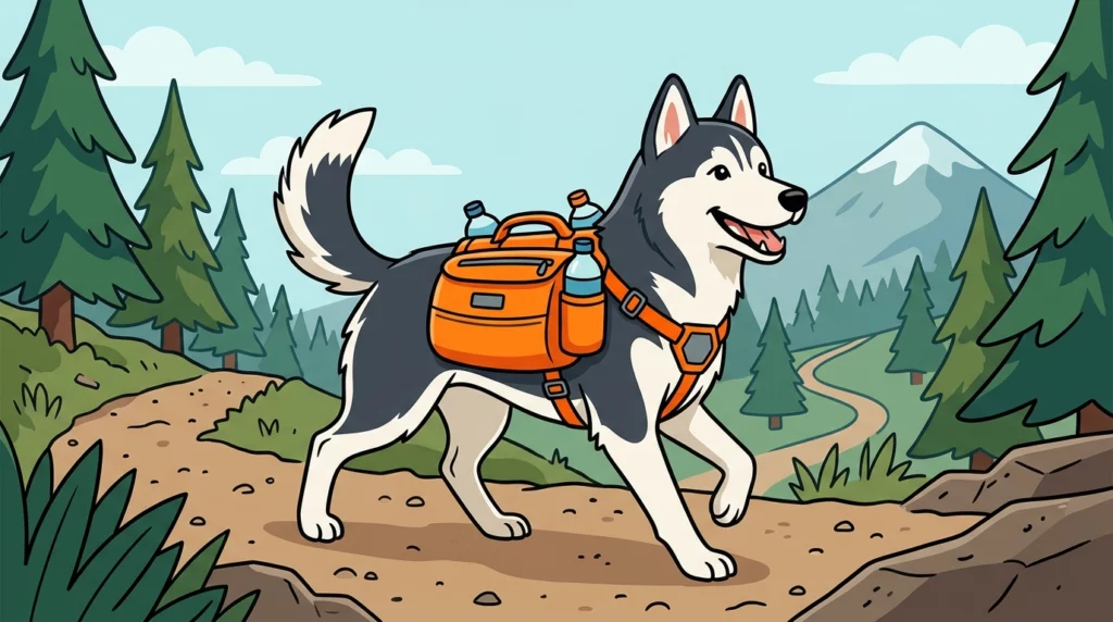 An illustration of a Siberian Husky hiking along a mountain trail while wearing a bright orange dog backpack.