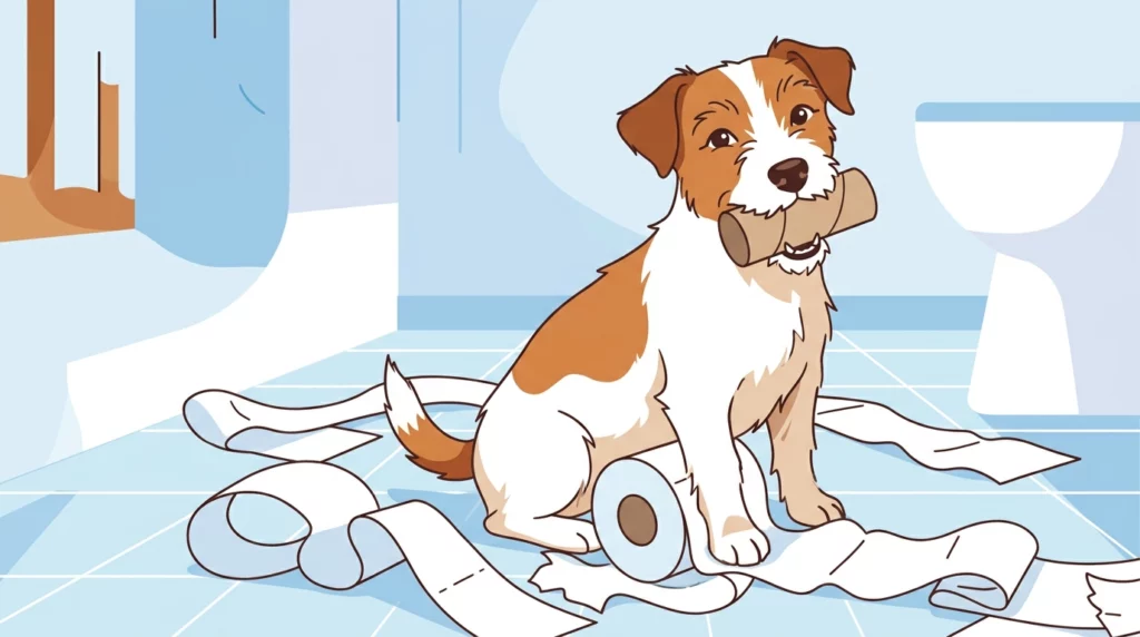 An illustration of a mischievous Jack Russell Terrier sitting in a pile of unrolled toilet paper, looking proud of its self-made job.