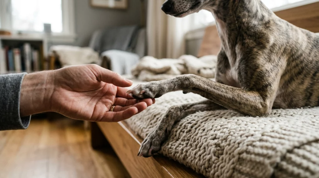 A close-up shot of a human hand reaching out to touch a brindle Whippet's paw as the dog slightly pulls back.
