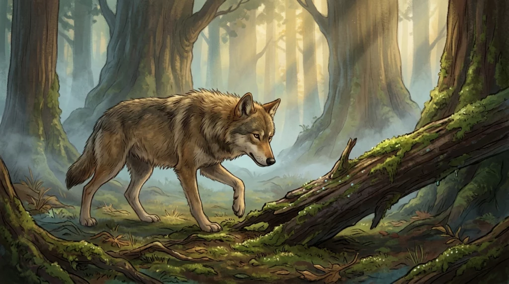 A warm storybook-style illustration of an ancient wild dog in a misty, mossy forest, protective of its feet.