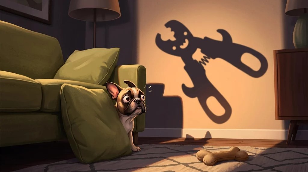Playful illustration of a French Bulldog hiding behind a couch cushion from a comic shadow of nail clippers.