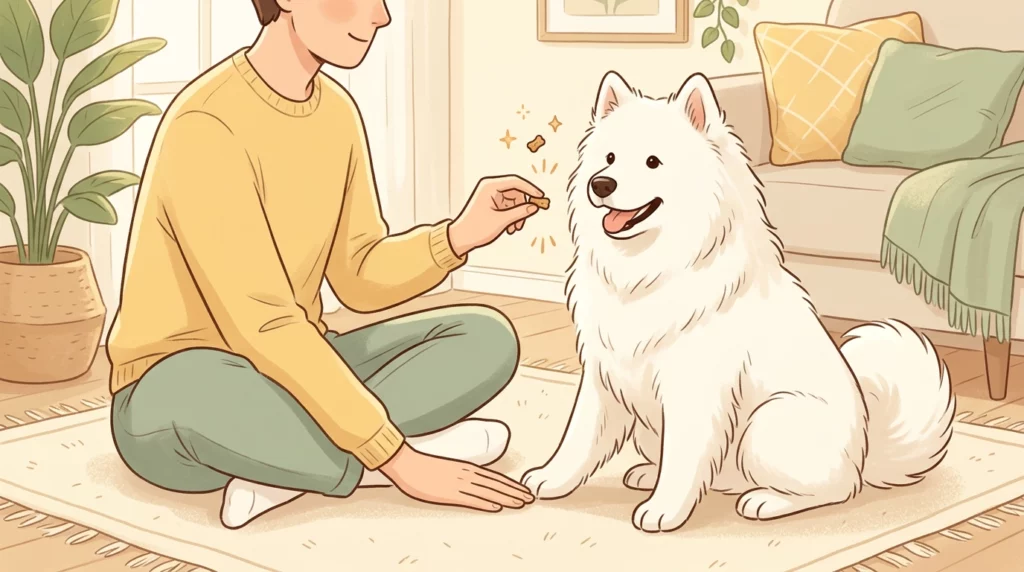Storybook illustration of an owner patiently training a fluffy Samoyed to tolerate paw handling using treats.