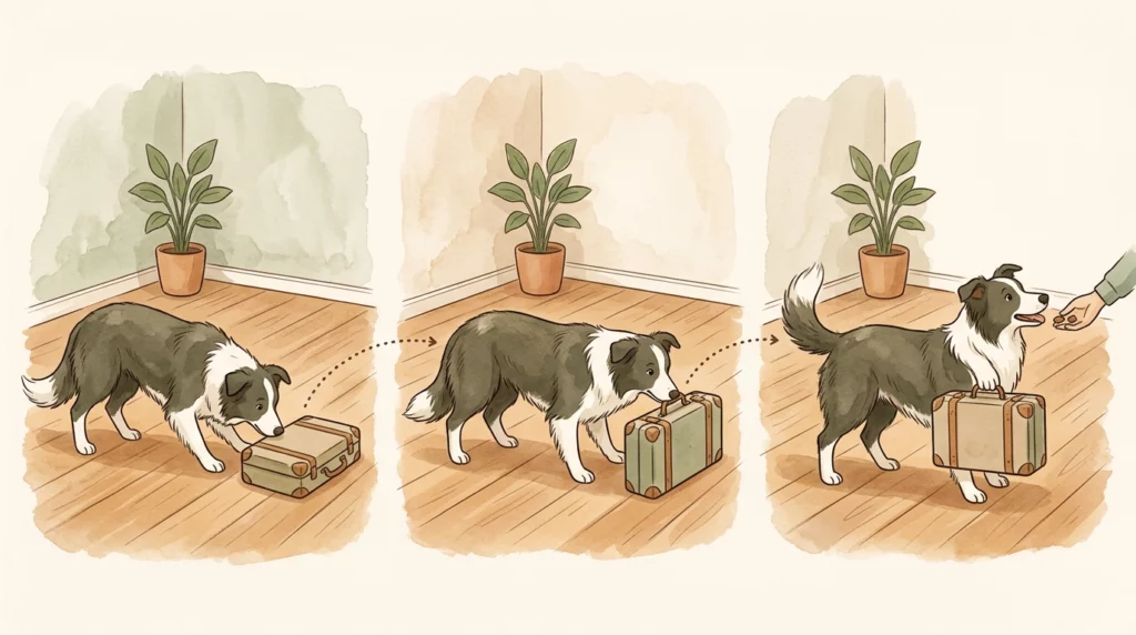 Warm storybook illustration showing a Border Collie learning to pick up a prop suitcase in three sequential steps.
