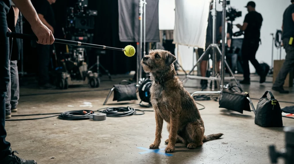 A trainer behind the scenes using a tennis ball on a stick to guide a scruffy dog's gaze on a film set.