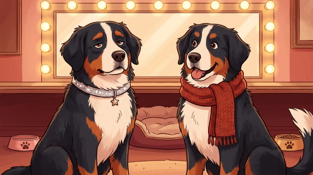 Storybook-style illustration of two identical Bernese Mountain Dogs sitting together in a dressing room, one with a star collar and one with a scarf.