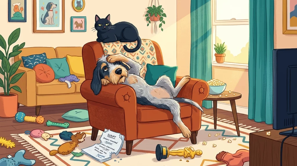 Playful illustration of a dramatic dog posing on an armchair while a skeptical black cat watches.