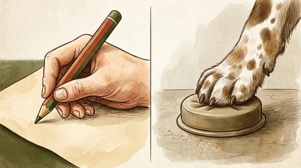 A charming storybook illustration comparing a human hand holding a pencil with a dog paw pressing a button.