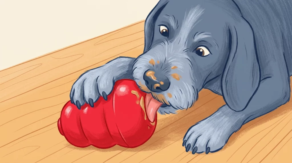 A playful illustration of a dog using its left paw to hold a red rubber treat toy steady on the floor while licking it.