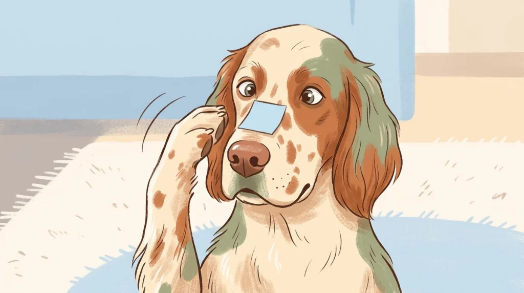 An illustration of a speckled setter playfully swiping a small piece of tape off her snout with her left paw.