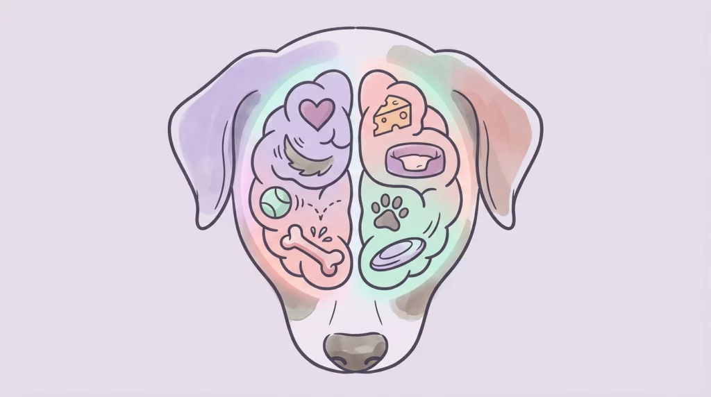 A whimsical illustration of a dog's brain hemispheres represented by playful icons like hearts and tennis balls.