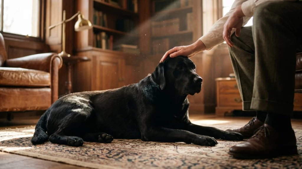A relaxed black Labrador being pet on a classic rug in a vintage, sunlit wooden library.
