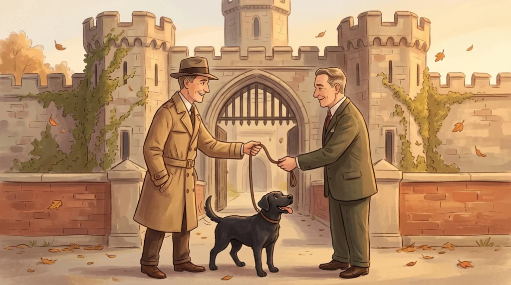 A warm storybook illustration of a 1920s governor gifting a black Lab to a smiling warden outside stone prison gates.