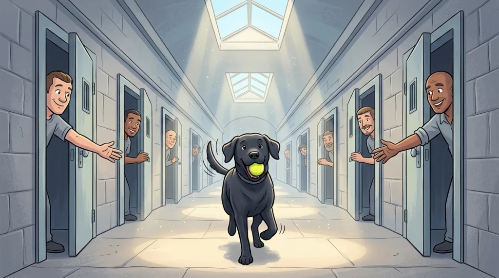 A playful illustration of Pep the black Lab trotting down a stone prison hallway with a tennis ball as inmates pet him.