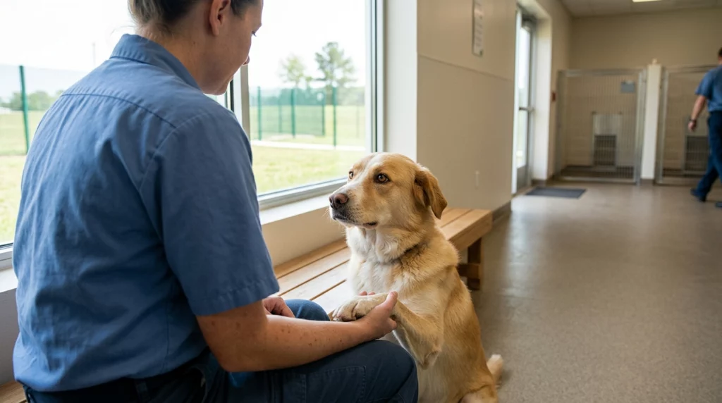 A documentary-style photo of a modern handler in a blue uniform gently holding the paw of a shelter dog in a bright training room.