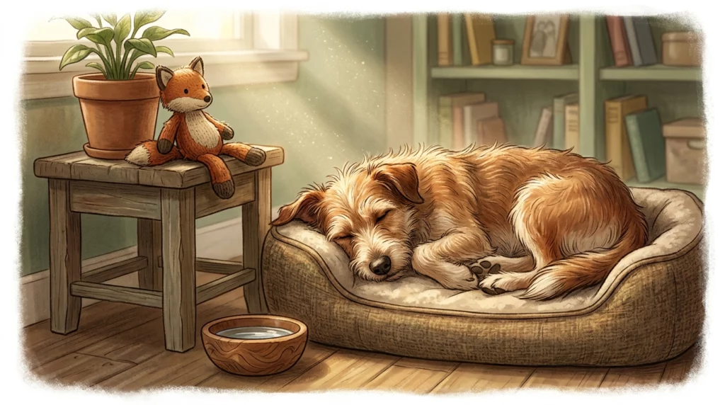 Charming storybook illustration of a dog sleeping peacefully in a sunny living room corner.
