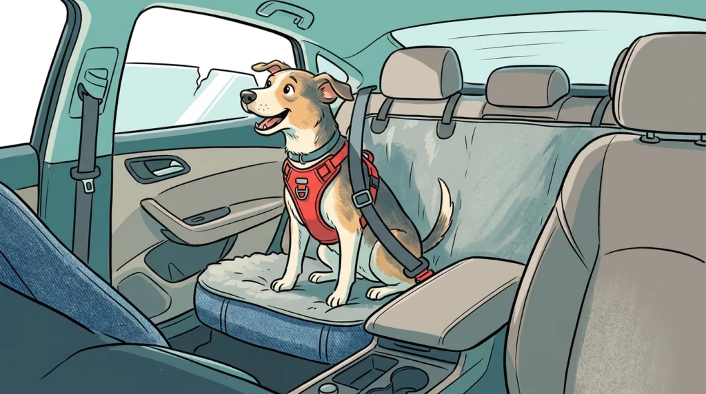 Playful illustration of a dog secured safely in the backseat with a harness and seatbelt attachment.