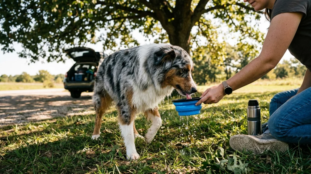 A dog drinking water from a travel bowl held by its owner at a grassy highway rest stop.