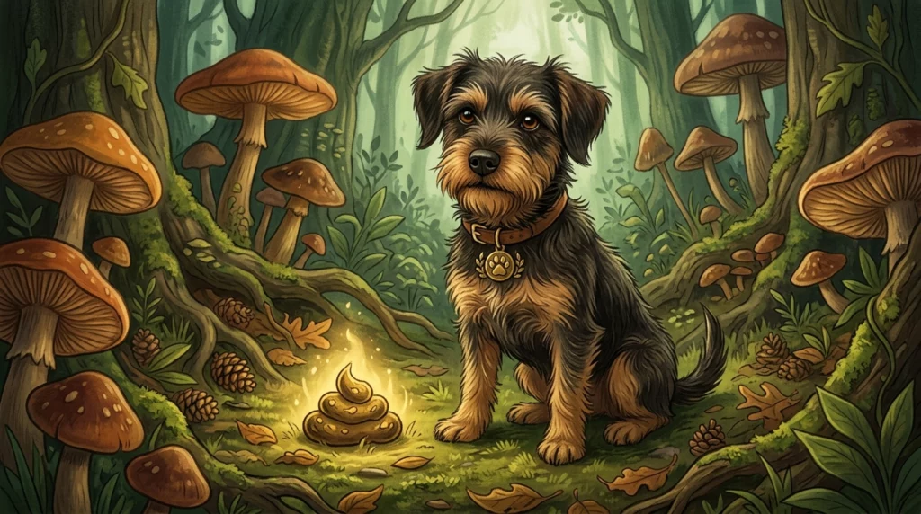 Storybook illustration of a scruffy dog looking incredibly proud next to a glowing forest floor sample.