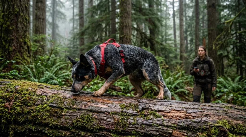 A focused Australian Cattle Dog climbing over a wet, mossy log in a misty forest during a scent-tracking mission.