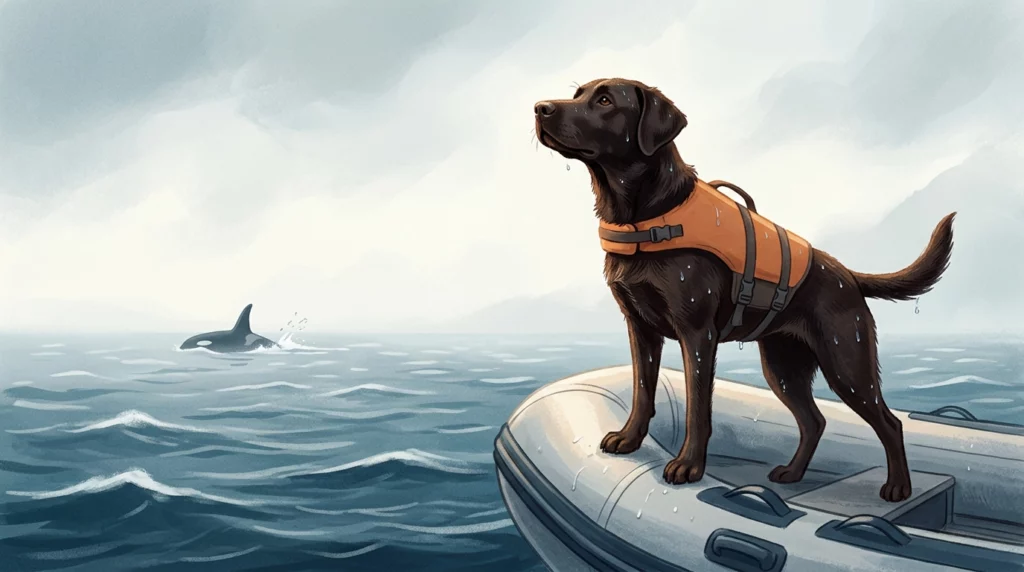Storybook illustration of a brave black Lab wearing a life jacket at the front of a boat, sniffing the ocean wind with an orca in the distance.