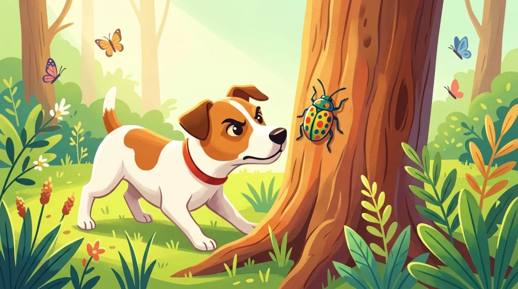 Playful illustration of a small Jack Russell Terrier eagerly locating a colorful invasive beetle on a tree trunk.