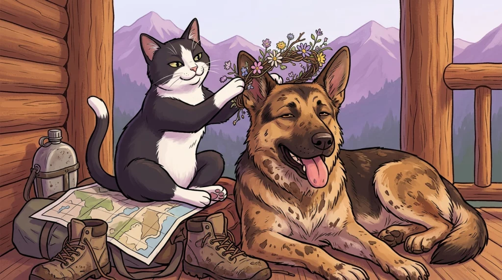 Playful illustration of Yuna the cat placing a celebratory flower crown on a muddy, happy conservation dog resting on a cabin porch.