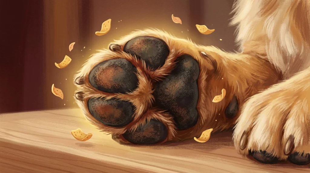 A warm storybook-style illustration highlighting a dog's textured paw pads surrounded by warm golden tones.