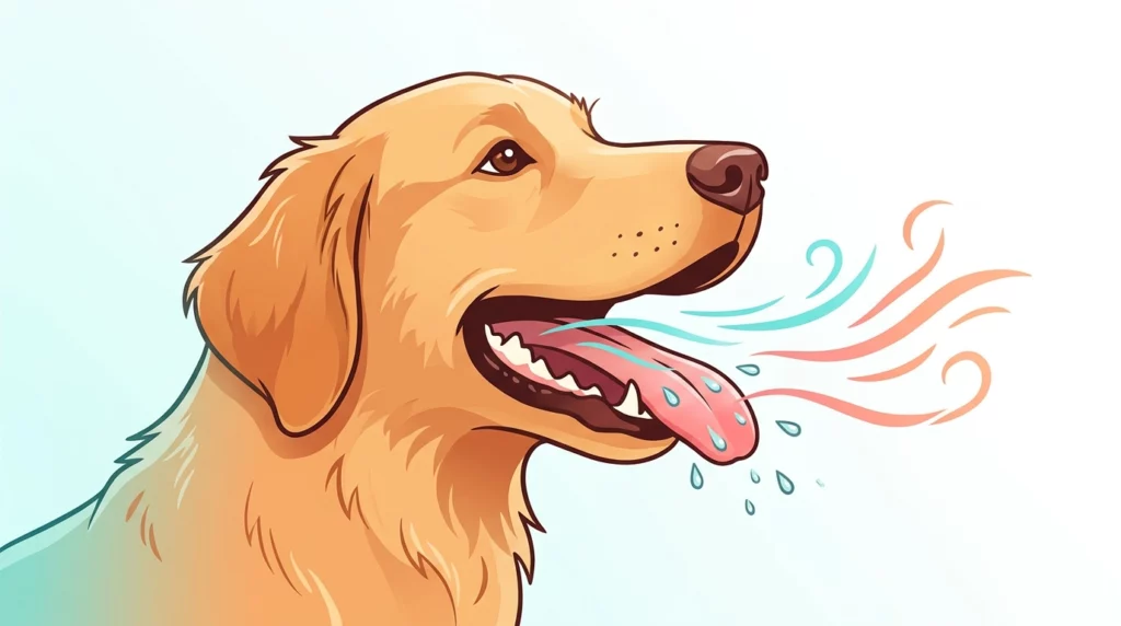 A playful editorial illustration showing wind currents flowing over a dog's wet tongue to explain evaporative cooling.