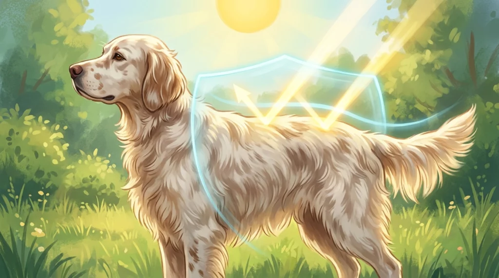 A warm storybook-style illustration showing how a dog's double coat acts as a thermal shield to block out summer heat.