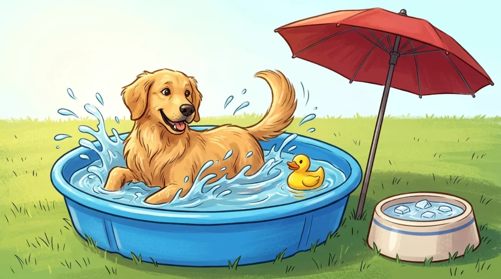 A playful illustration of a dog splashing happily in a shallow backyard pool next to a shady umbrella.