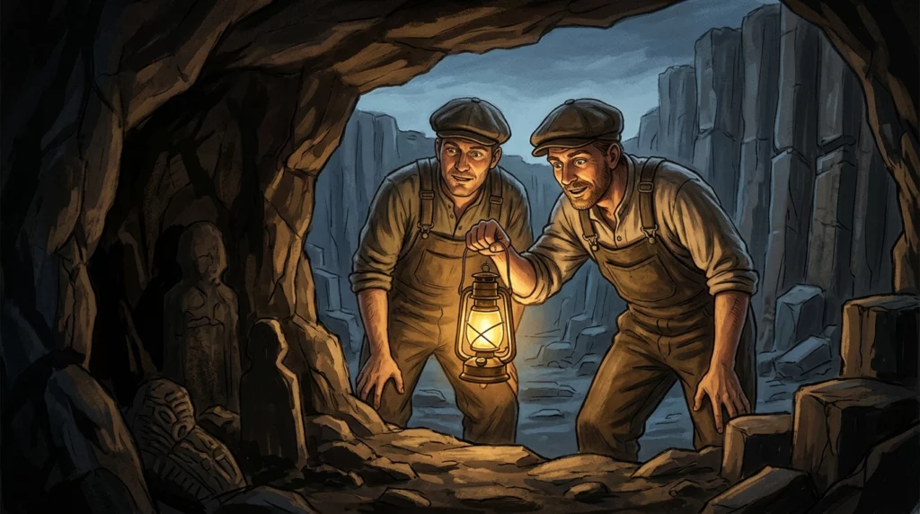 A storybook-style illustration of 1914 quarry workers shining a lantern into a dark stone cave.