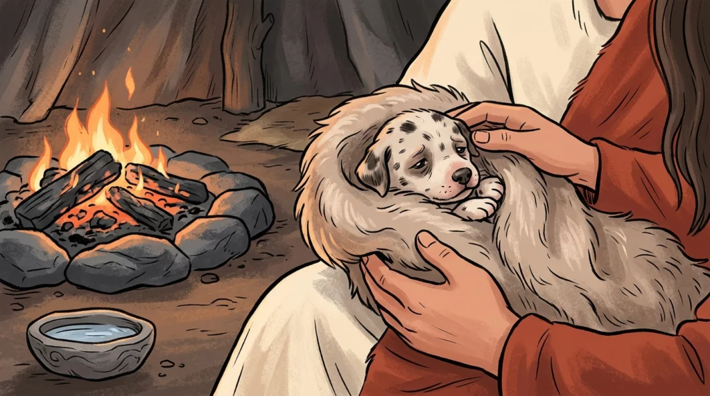 A touching illustration of prehistoric hands holding a sick, fur-wrapped puppy in a warm cave.