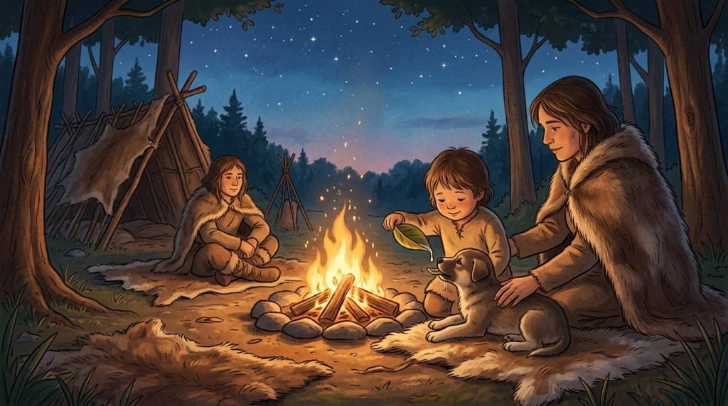 A storybook illustration of an Ice Age family feeding a weak puppy by campfire light.