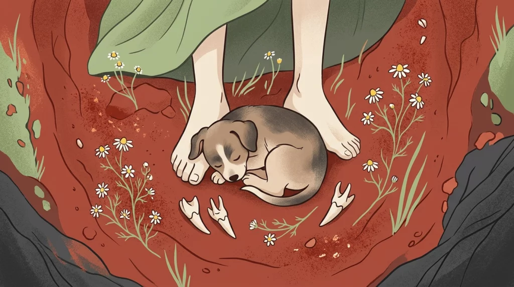 A peaceful, stylized overhead illustration of a puppy resting alongside its humans in an ancient burial, surrounded by red earth and flowers.