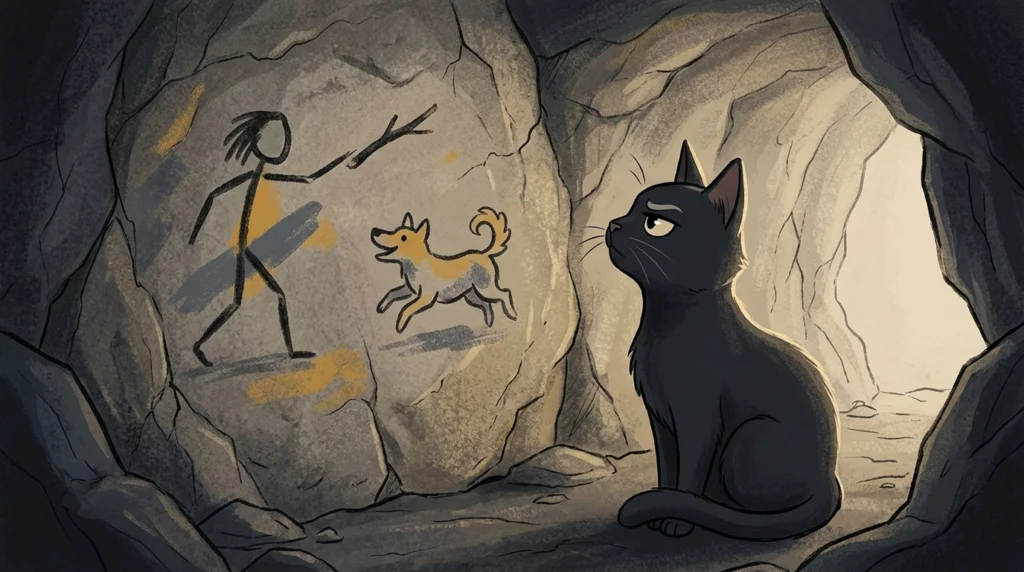 A whimsical illustration of a black cat studying a cave painting of a human and a dog playing fetch.